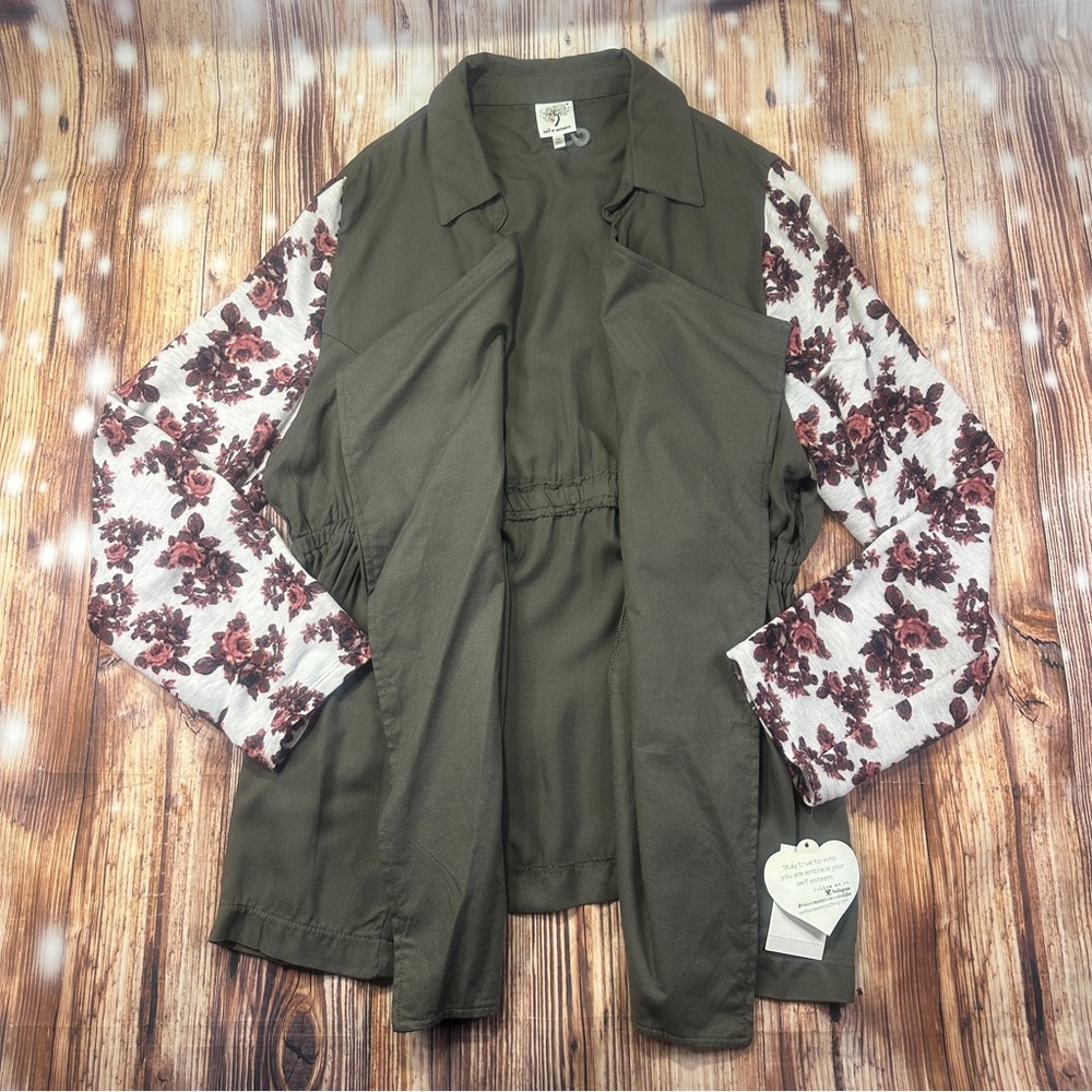 NWT Self Esteem Floral Long Sleeve Army Green Open Front Blouse Top Size 1X